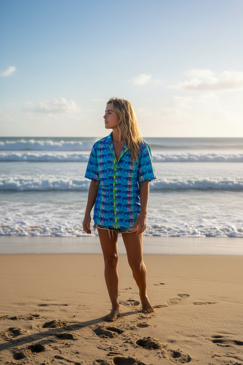 Woman standing on a beach wearing a blue patterned shirt with ocean waves in the background