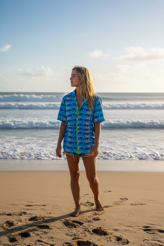 Woman standing on a beach wearing a blue patterned shirt with ocean waves in the background